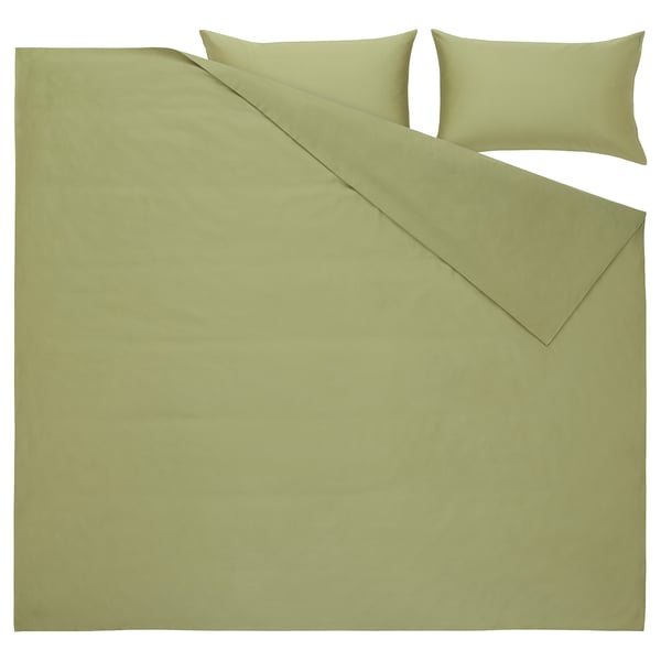 BJÖRKAL Duvet cover and 2 pillowcases, beige/green, 240x220/50x80 cm