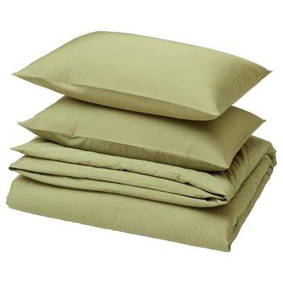 BJÖRKAL Duvet cover and 2 pillowcases, beige/green, 240x220/50x80 cm