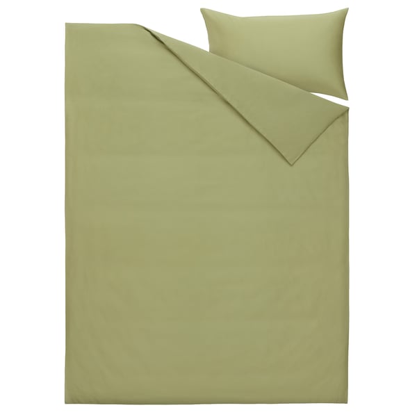 BJÖRKAL Duvet cover and pillowcase, beige/green, 150x200/50x80 cm