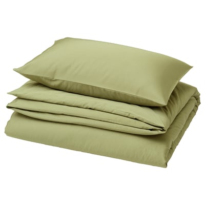 BJÖRKAL Duvet cover and pillowcase, beige/green, 150x200/50x80 cm