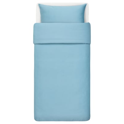 BJÖRKAL blue cotton duvet set, crisp sateen weave, rectangular shape with envelope pillowcases.