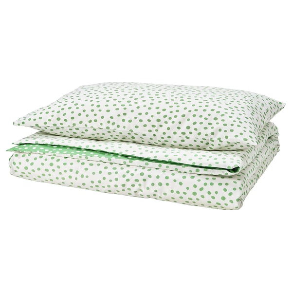 BJÖRKGRÅMAL Duvet cover and pillowcase, green white/dotted, 150x200/50x80 cm
