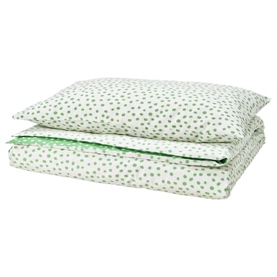 BJÖRKGRÅMAL Duvet cover and pillowcase, green white/dotted, 150x200/50x80 cm