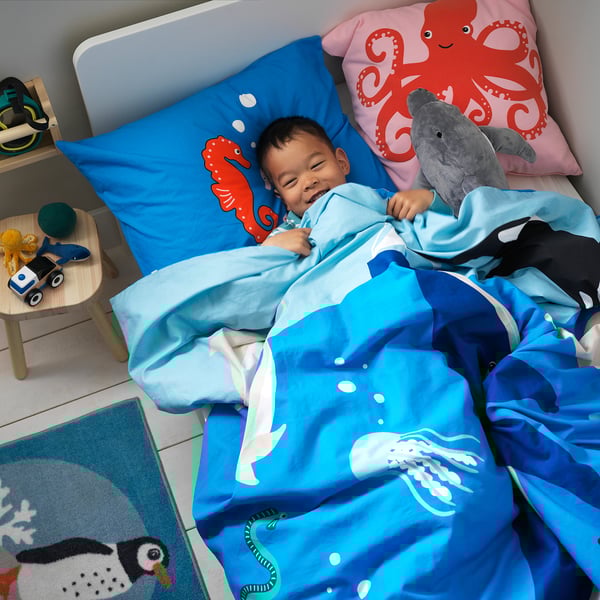 BLÅVINGAD Duvet cover and pillowcase, ocean animals pattern/multicolour, 150x200/50x80 cm