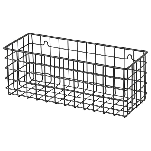 Black wire storage basket with grid pattern.