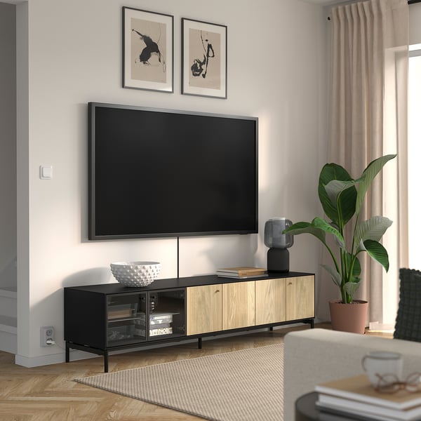BOASTAD TV bench, black/oak veneer, 181x42x45 cm