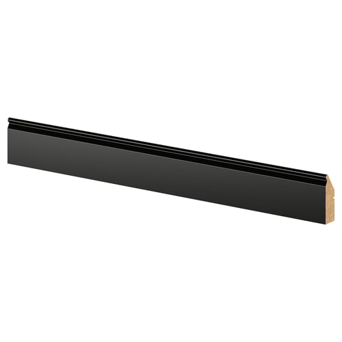 A black BODBYN skirting board, long and rectangular, made from fibreboard with a plastic foil finish.