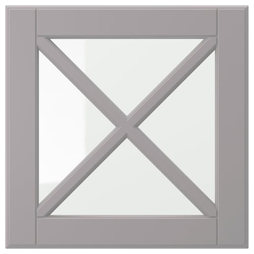 Depicts a square, grey BODBYN cabinet door with bevelled edges and intersecting panels, giving it a classic, traditional look.