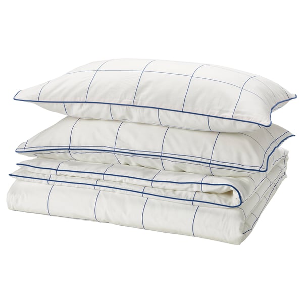 BREDVECKLARE Duvet cover and 2 pillowcases, white blue/check, 240x220/50x80 cm