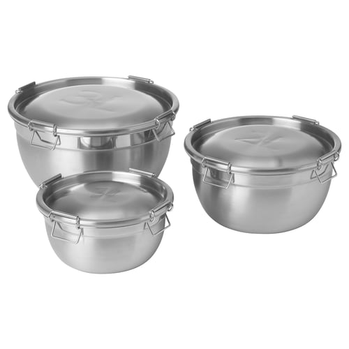 Set of 3 stainless steel containers with lids, round, nested for space-saving, ideal for storing and transporting food.