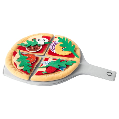 DUKTIG pizza toy, beige crust, colourful toppings; made of fabric and polyester.