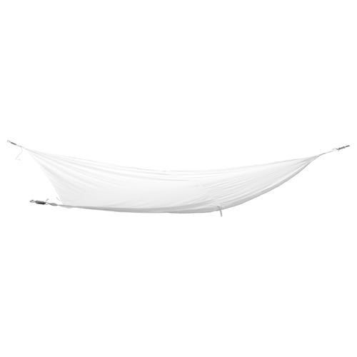Displays a white triangular DYNING shade sail. Made of polyester, it provides sun protection. Easy to attach and clean.