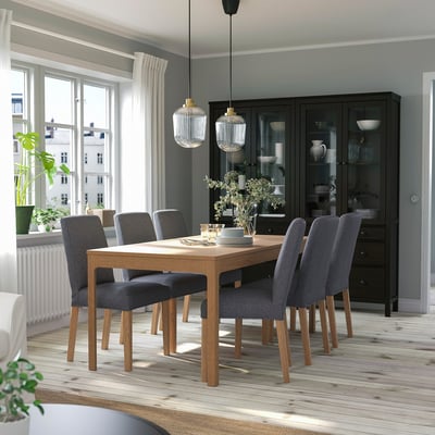 EKEDALEN / BERGMUND Table and 6 chairs, oak effect/Gunnared medium grey, 180/240 cm