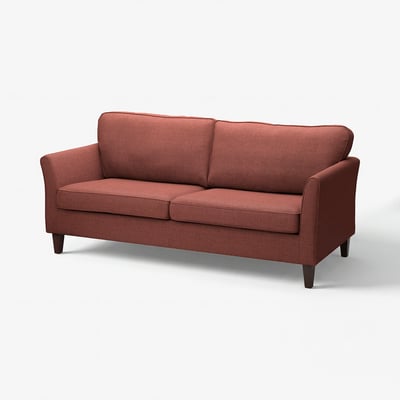 Red sofa with wooden legs, mid-century design, cosy, textured fabric.