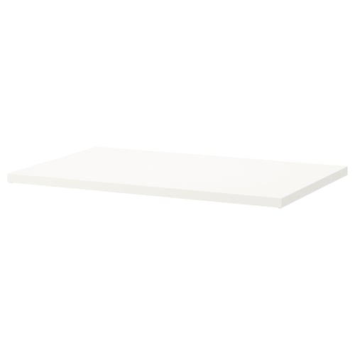 A white rectangular shelf, simple in design, and made from acrylic painted particle board.