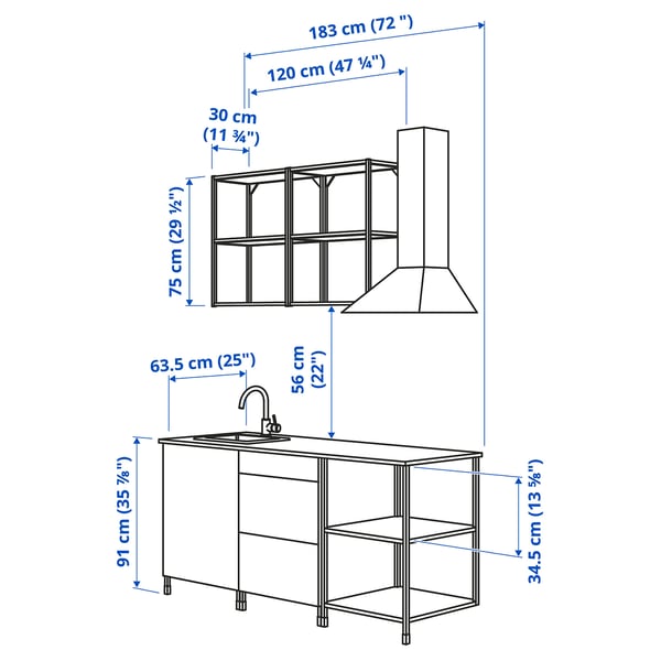 ENHET Kitchen, white, 183x63.5x222 cm