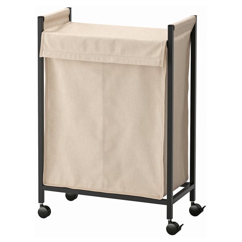 ENHET laundry hamper, beige, fabric on wheels, rectangular, convenient and movable design.