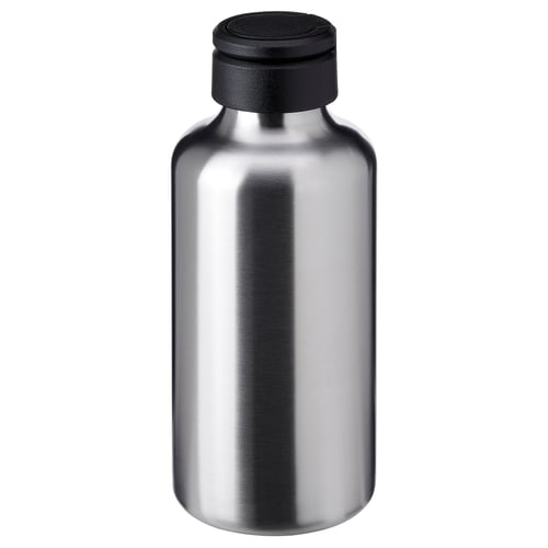 Silver stainless steel water bottle with black lid and handle, sleek and durable design.