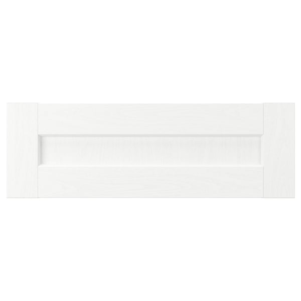 White ENKÖPING desk, rectangular, wooden framed, two shelves.