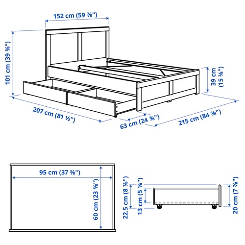 FÅGELFJÄLLET Bed frame with 2 storage boxes, off-white/Leirsund, 140x200 cm