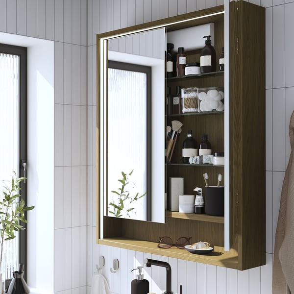 FAXÄLVEN Mirror cabinet w built-in lighting, brown oak effect, 80x15x95 cm