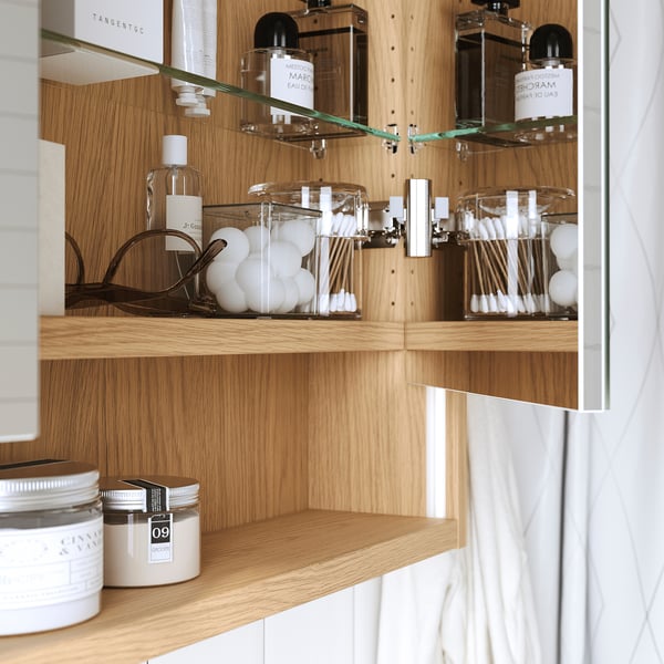 FAXÄLVEN Mirror cabinet w built-in lighting, oak effect, 60x15x95 cm