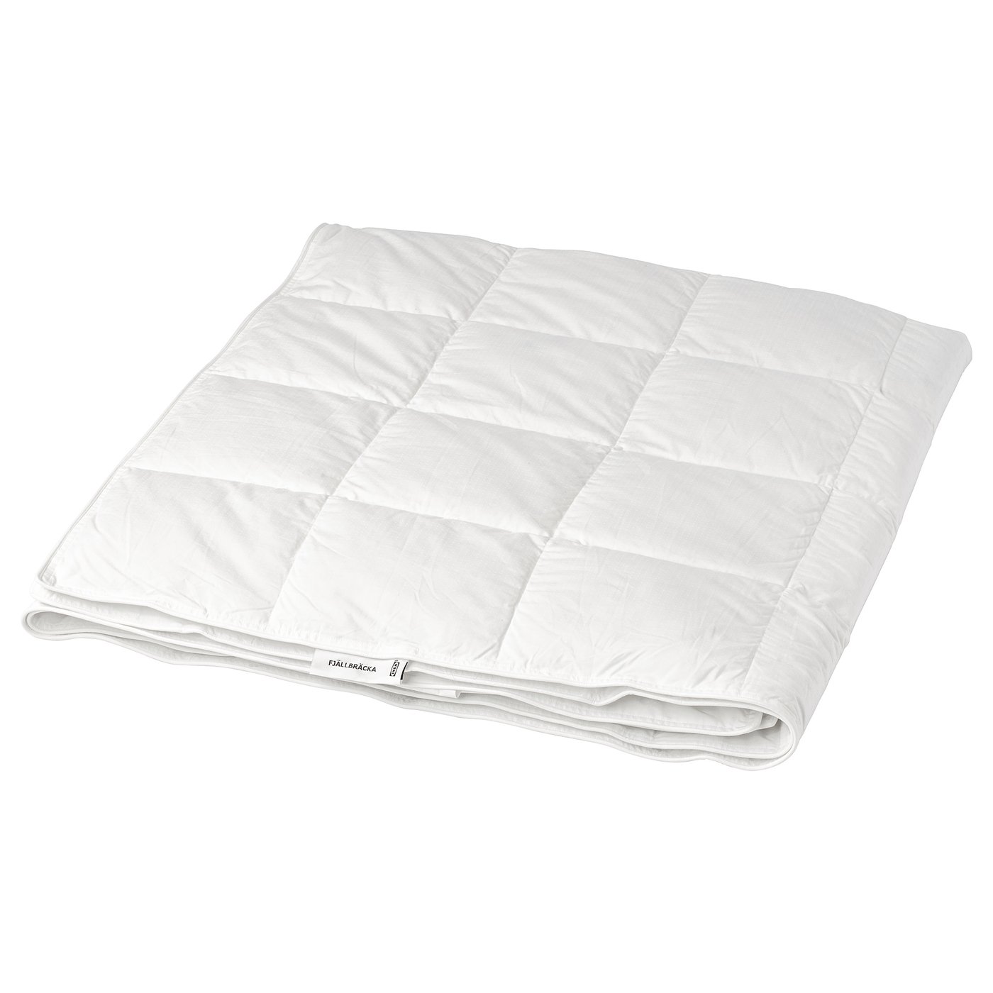 A white FJÄLLBRÄCKA duvet. It’s rectangular, padded with recycled down and feathers, and a box-stitch pattern.