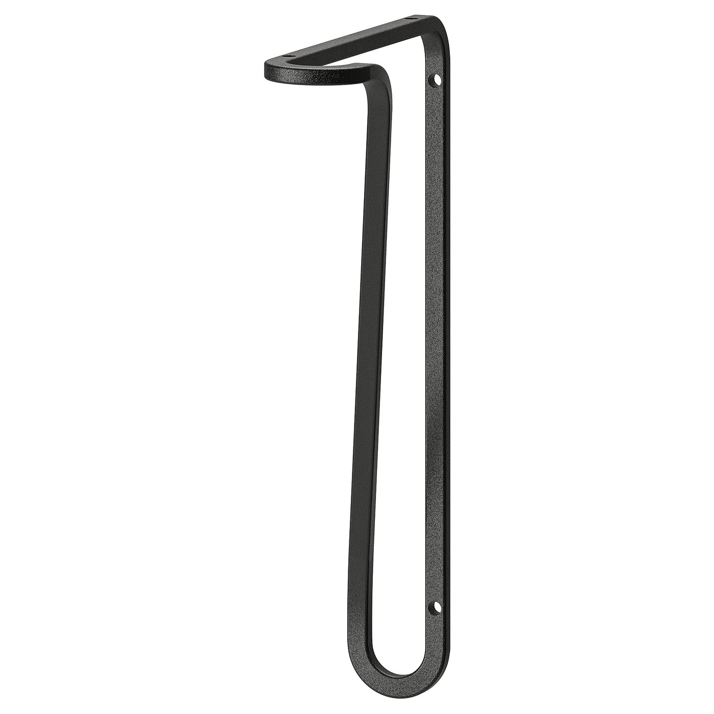 A black FÖRLÄGGARE wall bracket. Its made of powder-coated steel and a slightly twisted design, accommodating shelves of different depths.
