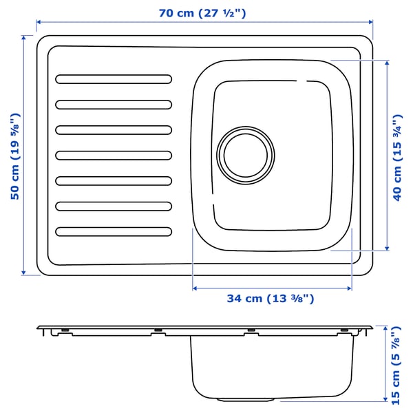 FYNDIG 1 bowl inset sink with drainer, stainless steel, 70x50 cm