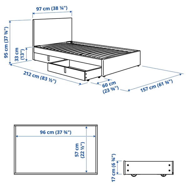 GLADSTAD Upholstered bed, 2 storage boxes, Kabusa light grey, 90x200 cm