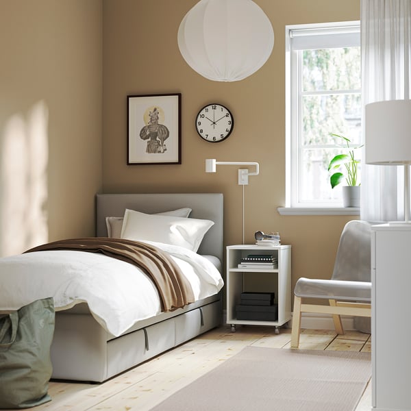 GLADSTAD Upholstered bed, 2 storage boxes, Kabusa light grey, 90x200 cm