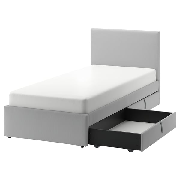 GLADSTAD Upholstered bed, 2 storage boxes, Kabusa light grey, 90x200 cm