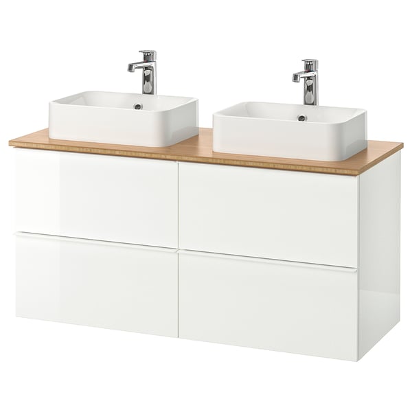 Godmorgon Tolken Horvik خزانة مع حوض غسيل سطحي 45x32 لامع أبيض خيزران حنفية Brogrund Ikea