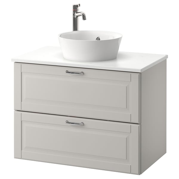 Godmorgon Tolken Kattevik قاعدة حوض غسيل مع سطح حوض غسيل Kasjon رمادي فاتح شكل المرمر حنفية Voxnan Ikea