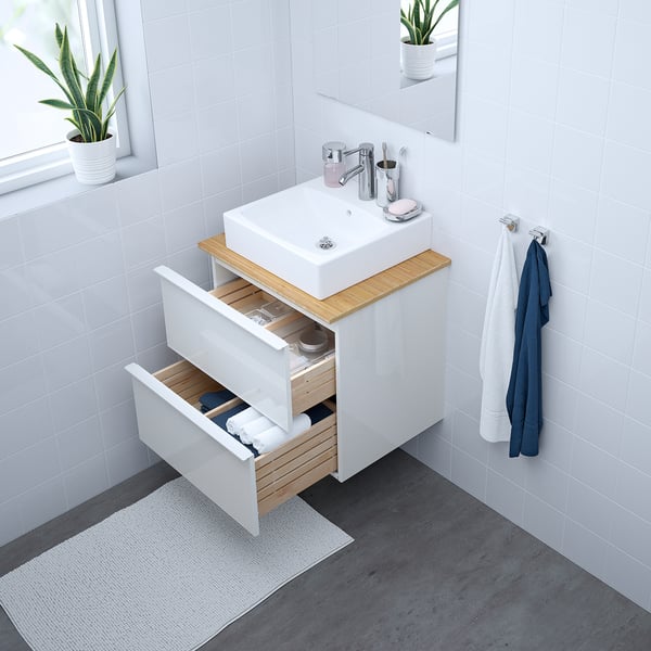 Godmorgon Tolken Tornviken خزانة حوض مع سطح 45x45 حوض غسيل لامع أبيض خيزران حنفية Dalskar Ikea