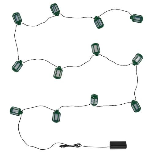 Green GOKVÄLLÅ string lights with 10 lantern bulbs and battery box, suitable for indoor and outdoor use.
