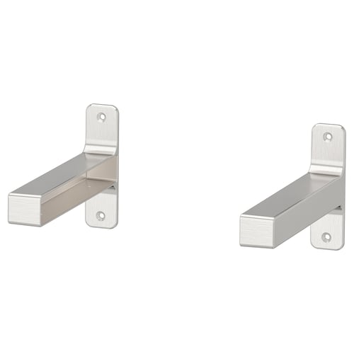 Pair of nickel-plated aluminium brackets for mounting shelves, featuring clean, straight edges and a modern design.