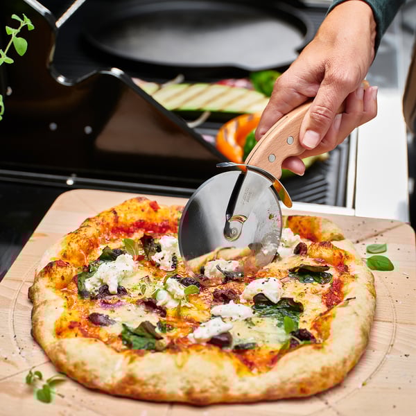 GRILLTIDER Pizza cutter, stainless steel/beech, 22 cm