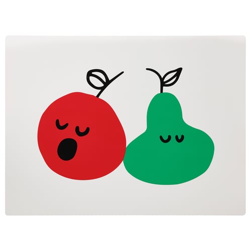 This image the GRÖNFINK colourful place mat in red and green with whimsical fruit designs, made of durable polypropylene plastic.