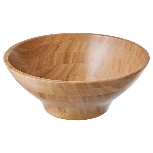 Brown bamboo bowl, deep, round, smooth, natural wood grain pattern, no decorations.
