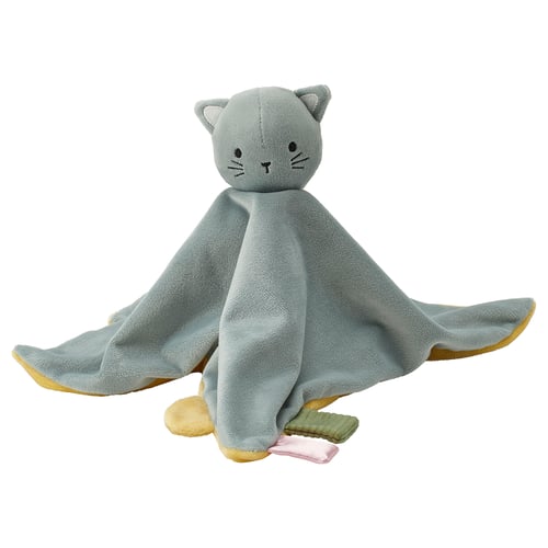 GULDVÄVARE: grey cat-shaped comfort blanket with soft beige hands and feet.