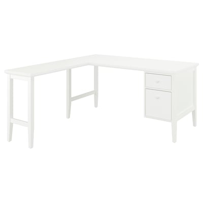 White GULLABERG l-shaped office desk with storage drawers.