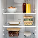HALVVARM Food container w lid and divider, stainless steel/beige, 0.7 l