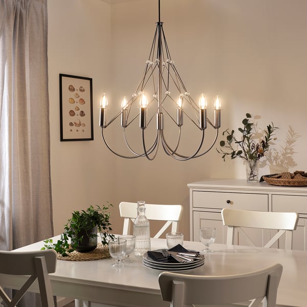 HÅRMÖJA Chandelier, 6-armed, brushed stainless steel, 62 cm