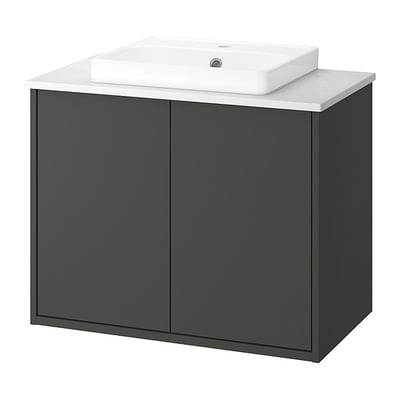 A dark grey HAVBÄCK bathroom vanity with a white countertop and basin.