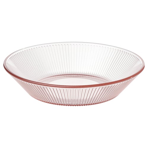 A pink-tinted, clear glass bowl named HAVSGÄDDA with ridged lines, designed for serving food or desserts.