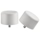 Two white circular finials, one upright, one tilted, with screws at the bottom. Minimalist design in recycled plastic.