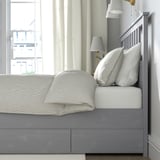 HEMNES Bed frame with 4 storage boxes, grey stained/Leirsund, 160x200 cm