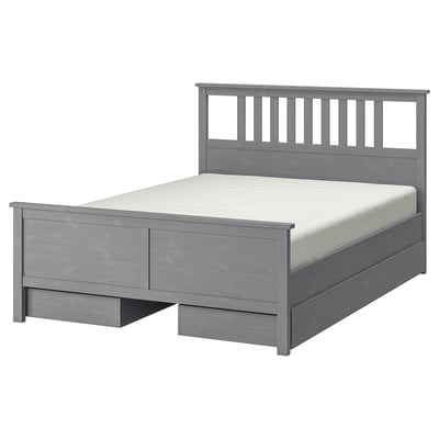 HEMNES Bed frame with 4 storage boxes, grey stained/Leirsund, 180x200 cm
