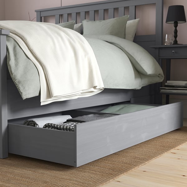HEMNES Bed frame with 4 storage boxes, grey stained/Leirsund, 160x200 cm